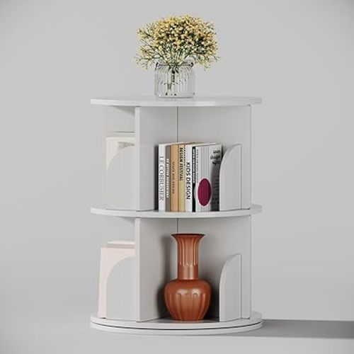 Rotating Bookshelf, Small Corner Bookcase with Storage for Small Space, 2 Tier 360 Spinning Bookshelf Tower, Revolving Book Shelf Organizer for Bedroom, Living Room and Study Room (White)