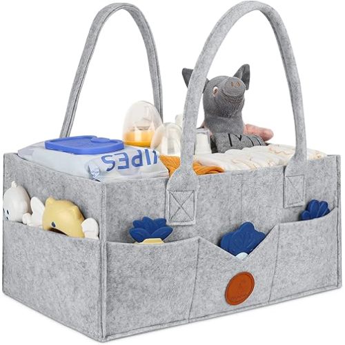 Maliton Diaper Caddy Organizer - Diaper Caddy for Baby Nursery Storage, Felt Diaper Organizer for Baby Stuff with Handle, 15" x 9" x 7" Portable Baby Basket Boy Girl Changing Table Organizer (Grey)