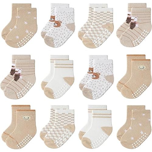 JAKIDAR Baby Toddler Grip Socks, 12 Pairs Non-Slip Crew Cotton Socks for Girls Boys