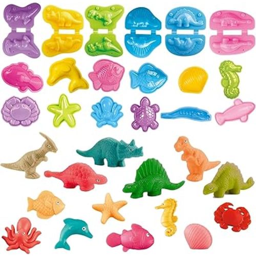Unleash Creativity with 18 Unique Dino and 0cean Molds Dough Toys Dough Accessories Set Whit 10 Clays.Ideal as a Gift for Kids Aged 3-4-8 Years