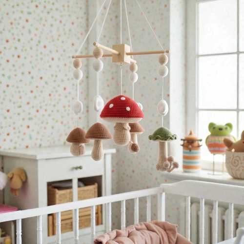 Mushroom Crochet Hanging Mobile, Woodland Decor, Handmade Amigurumi Mushrooms, Forest Theme Yarn Art for Nursery Room