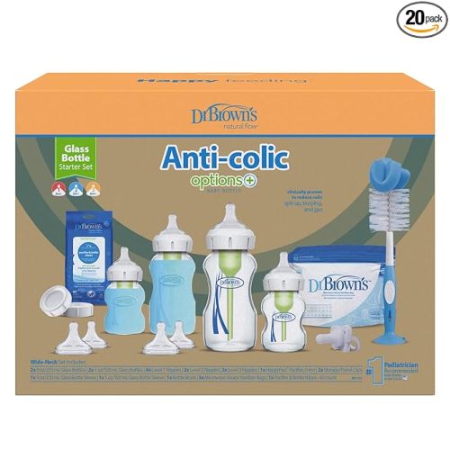 Dr. Brown's Natural Flow Anti-Colic Options+ Wide-Neck Glass Baby Bottle Starter Set with 100% Silicone Glass Bottle Sleeves, Baby Bottle Brush, Prevent Pacifier and Pacifier and Bottle Wipes