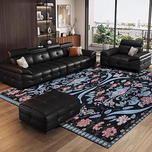 8x10 Washable Area Rug for Living Room, Floral Bedroom Rug, Soft Vintage Non-Slip Bohemian Floral Carpet (Black)