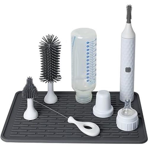 Cleaning Brush Set with USB Rechargeable Electric Bottle Brush, 3-Piece Replaceable Silicone Bottle Brush and 8 * 12 inch Silicone Drying mat,Straw Brush Included in Storage Box(White)