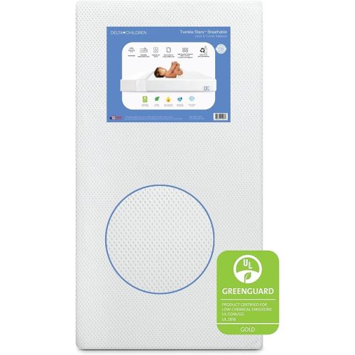 Delta Children Twinkle Stars Breathable Baby Bed Crib Mattress and Toddler with Removable/Machine Washable Cover - GREENGUARD Gold – Waterproof Sustainably Sourced Core Fiber Core, White