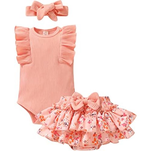 Tiny Cutey Baby Girl Clothes Infant Summer Outfits Set Ruffle Sleeve Romper and Floral Shorts with Headband