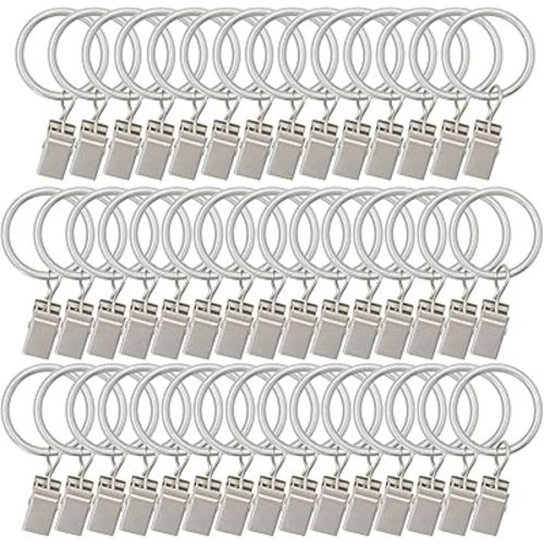 40 Pack Metal Curtain Rings with Clips,Decorative Drapery Rustproof Vintage 1.26 Inch Interior Diameter,Curtain Hangers Clips, Drapery Clips with Rings, Matte Silver