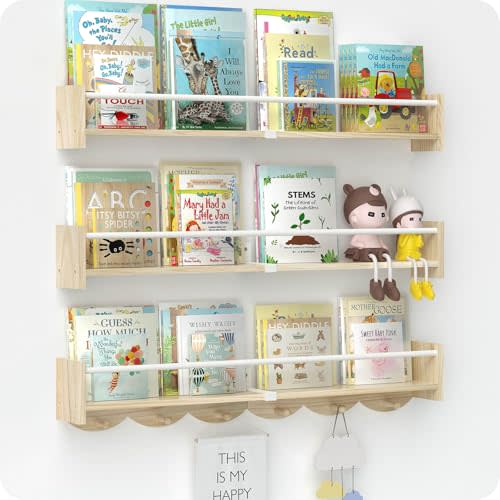 Bidami Book Shelf for Kids Rooms, Floating Book Shelves for Wall, 34 inch Nursery Book Shelves Set of 3 Great for Living Room, Kids Room,Bedroom.