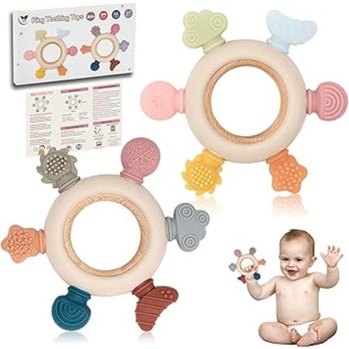 Lot de 2 jouets de dentition pour bébé, anneau de dentition en silicone pour les besoins de succion, jouets pour bébé sans BPA 0-3-6-12 mois, accessoires d'allaitement à mâcher pour soulager la