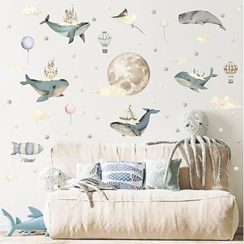 Large Whale Wall Stickers Vintage Moon Cloud Star Wall Decal Retro Star Wall Stickers Hot Air Balloon Animal Whale Wall Decals Big Moon Wall Decal for Nursery Bedroom Decor