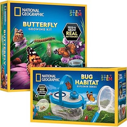 National Geographic Butterfly Growing & Bug Catcher Kit - Butterfly Habitat Kit with Voucher for 5 Caterpillars (S&H Not Included) & Bug Habitat with Magnified Viewers, Bug Catcher & More