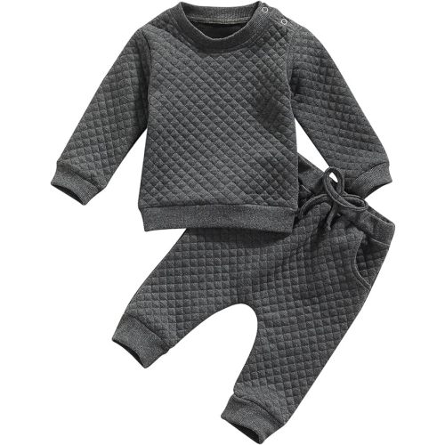 Newborn Baby Boy Girl Clothes Gender Neutral Sweatsuit Unisex Solid Outfit Long Sleeve Warm Pullover Pant Set - 0-6 Months - Grey