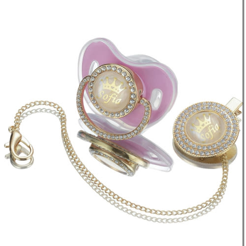 Sparkling Bling Custom Baby Pacifiers and Clips/Holder Kit with Name Personalized with Rhinestones For Boy and Girl Baby Shower Gift (Rose Gold)