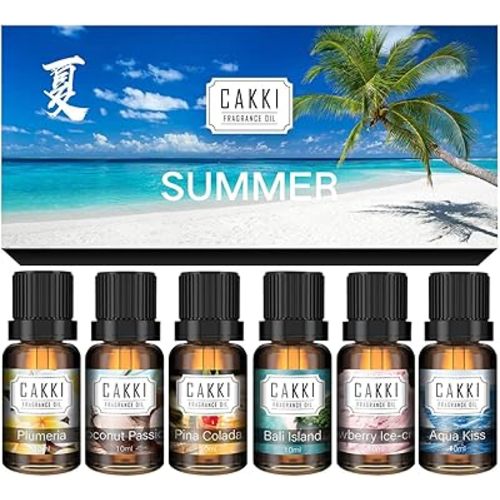 Summer Essential Oils for Diffusers for Home, CAKKI Fragrance Oils Set, Long Lasting, 6X10ml with Coconut, Pina Colada, Aqua Kiss, Bali Island, Strawberry, Aromatherapy Oils, for Candles Making, Gifts
