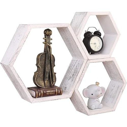 WONFUlity Hexagon Floating Shelves Honeycomb Shelves Wall Mounted Wood Farmhouse Storage Wall Shelf for Bathroom, Kitchen, Bedroom, Living Room,Driftwood Finish Wall Decor,White