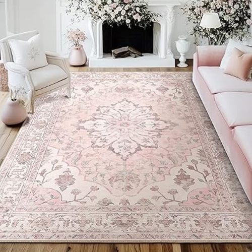 Area Rugs 8'x10' Washable Non-Slip, Floral Vintage Distress Print Pattern Medallion Carpet for Living Room Bedroom Dining Room, Pink Greypink Cute
