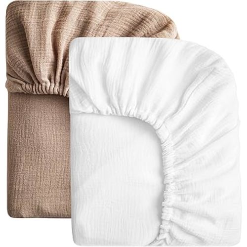 SOULFUL Muslin Crib Sheets for Boys Girls, 2 Pack Soft and Breathable Organic Cotton Fitted Crib Sheets for Standard Crib Mattress (28"x 52", White & Brown)
