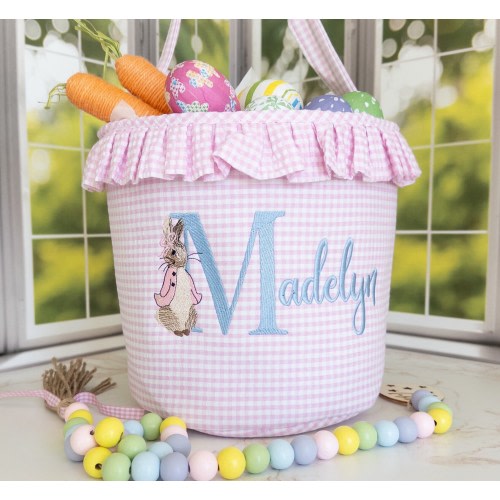 Personalized Peter Rabbit Embroidered Nursery Storage Basket • Personalized New Baby Gift Basket • Pink or Blue Gingham Easter Basket