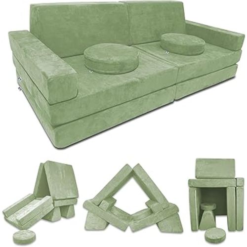 Mod Blox 10 Piece Soft Modular Kids Play Couch for Boys and Girls | Child Sectional Fort Building Sofa for Toddlers Playroom with Microsuede Covers and High Density Convertible Foam Cushions (Sage)