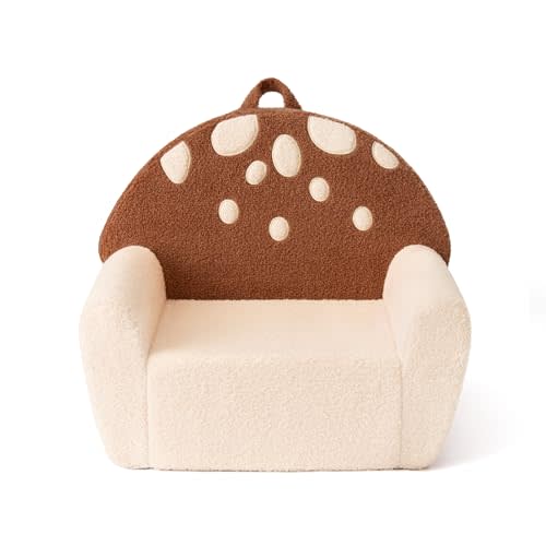 Blissful Diary Toddler Chair Comfy, Foam Kids Chair with Soft Teddy Plush, Toddler Reading Armchair with Cute Mushroom Designs- Brown