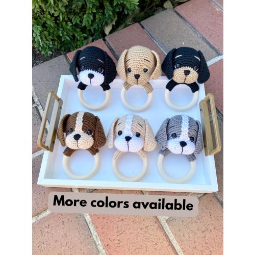 Dog Crochet Baby Rattle | Dog | Puppy | Baby Shower Gift | Wood Rattle | Newborn Baby Gift Set