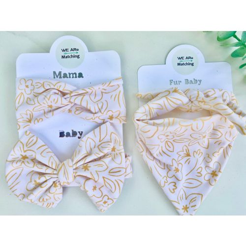 Matching Baby Bow + Dog Bandana + Knotted Headband for Mom| Handmade with soft fabric| Baby Shower gift| Sized to fit