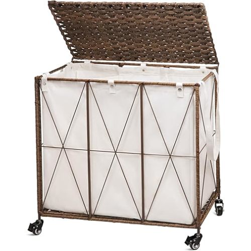 Laundry Hamper with Lid, 150L Wicker Rolling Laundry Basket with Wheels, 3- Section Removable Liner, Handwoven Synthetic Rattan, Bedroom, 26 x 14 x 26 Inches, Brown