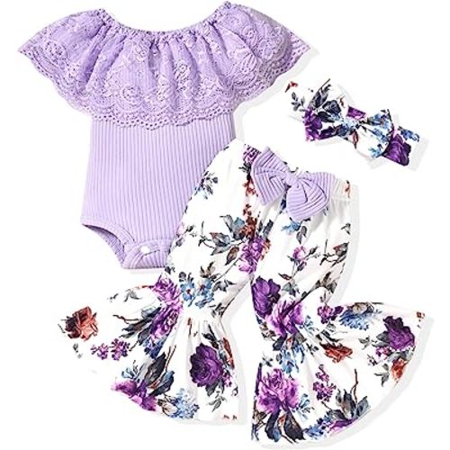 HINTINA Newborn Baby Girl Short Sleeve Bodysuit Flared Pants Ribbed Outfits