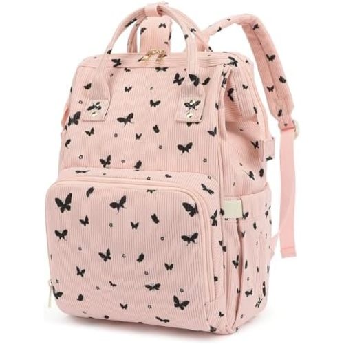 Corduroy Diaper Bag Backpack for Baby Girls Boys, Women Large Nappy Bags for Mom (Pink Corduroy Butterfly)