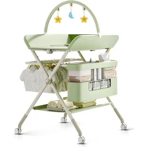 Foldable Portable Changing Table for Baby,Upgraded Style Baby Portable Diaper Changing Station with Wheels,Nursery Five Level Adjustable Height Changing Table with Organizer Storage(Green)