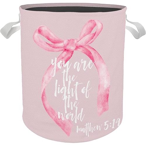 Pink Bow Girls Laundry Basket, Coquette Girly Pink Bible Verse Toy Storage Bin Laundry Hamper Waterproof Collapsible Clothes Organizer for Bedroom Bathroom Girls Room Nursery Dorm