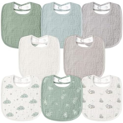 Susurration Muslin Baby Bibs 8 Pack Bandana Drool Bibs, Soft Square Adjustable Baby Drooling Bibs for Unisex Girls & Boys