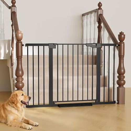 Cumbor 29.7–51.5" Extra Wide Baby Gate for Stairs, Pressure-Mounted Dog Gates for Doorways & Hallways, Auto-Close Walk-Through, No-Trip Design, Child Proof Safety, Dog/Pet Gate for Indoor Use, Black