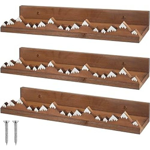 Wenqik 3 Pcs Snow Mountain Floating Shelves Wood Nursery Book Shelves Nursery Floating Shelves Wall Mounted Rustic Wooden Picture Ledge Shelf Floating Book Shelves for Kids Room (Dark Brown)