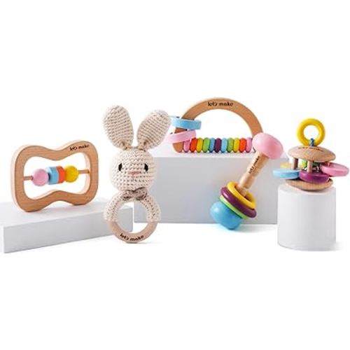 Wooden Baby Rattle Toys 5 PCS Rattle Set for Babies 0-6-12 Months Bunny Crochet Rattle Ring with Gift Box Wooden Montessori Toy for Newborn Infant Baby