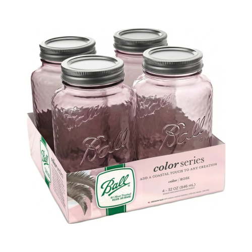 Ball 32 oz Vintage Colored Mason Jars - Rose, Regular Mouth Quart Canning Jars with Lids and Rings, 4-Pack Large Glass Jars for Home Canning and Preserving