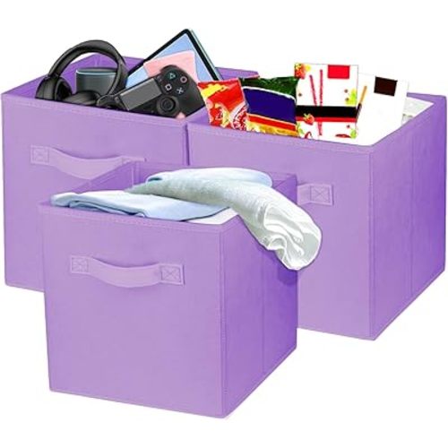 3 Pcs Storage Cubes, 10.5 Inch Collapsible Storage Bins, Fabric Foldable Bins for Organization, Durable Storage Bins for Closet, Shelves, Offices (Light Purple)