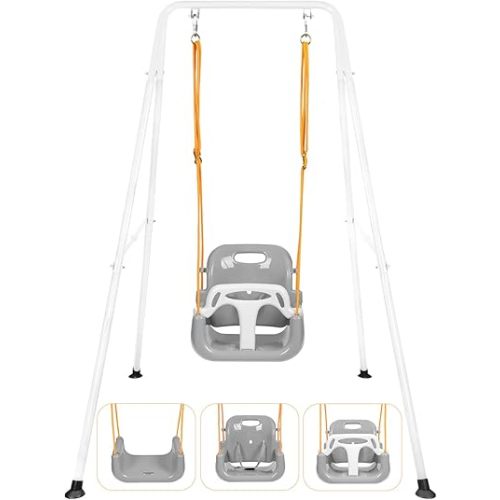 3-in-1 Toddler Swing Set, Indoor & Outdoor Baby Swing Heavy Duty Swing Set with Foldable Metal Stand for Aged 6 Months to 10 Years Old, Easy to Assemble and Store (White)