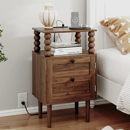 Veegle Nightstand with Charging Station,Modern Bedside Table with Storage Drawer and Open Wood Shelf, for Bedroom and Small Spaces,Night Stand with Solid Wood Legs (Walnut Brown)