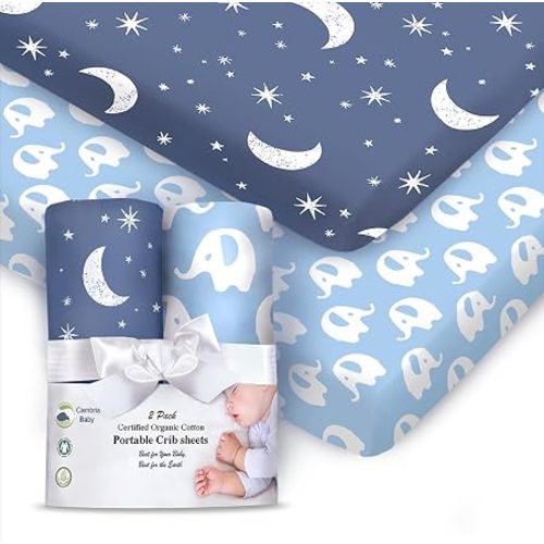 100% Organic Cotton Fitted Sheets Perfectly Compatible with Graco Pack n Play, Babyletto, Pamo Babe, Hiccapop, Dream on Me, Evenflo, Baby Trend Portable/Mini Crib/Playards. 2 Pk, Blue/Boy.