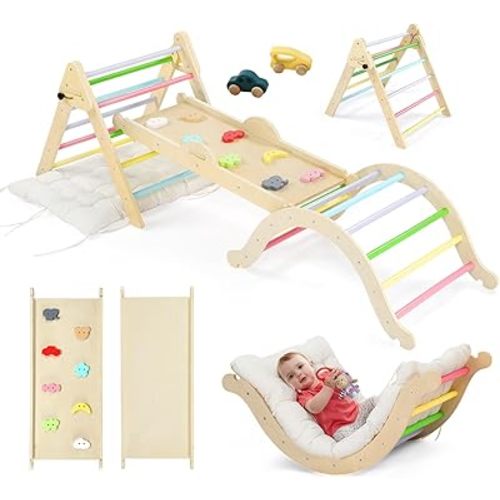 JOYMOR 9-in-1 Pikler Triangle Set with Cushion for Toddlers, Montessori Wooden Climbing Toys for Toddlers with Colorful-Patterns Rocks, Seesaw, Arch, Foldable Ladder, Ramp, Baby Indoor Climbing Gym