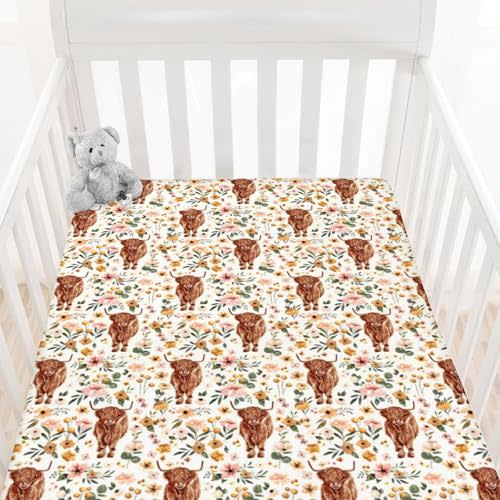 HawSkgFub Highland Cow Floral Boho Fitted Standard Crib Sheet for Baby Girl, Retro Western Farm Animal Yak Flower Toddler Mattress Cover, Soft Stretchy Nursery Bed Sheets Decor Kids Gift 52" x 28"