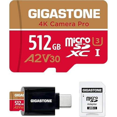 [5-Yrs Free Data Recovery] Gigastone 512GB Micro SD Card, 4K Camera Pro, A2 V30 UHS-I U3 C10, Up to 150/120MB/s, for Smartphone, GoPro, Action Cam, 4K UHD Video, with Adapter & USB-C Card Reader