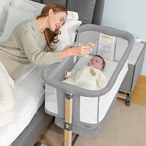 Baby Bassinet, Easy Folding Beside Sleeper for Baby, 6 Height Adjustable Baby Bed, 3 in 1 Portable Bedside Bassinet with Storage Basket and Wheels to Baby Crib for Infant/Newborn (Light Grey)