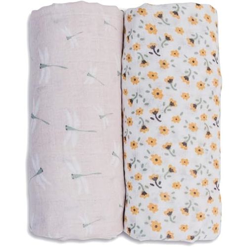 lulujo Boho Swaddle Set, Cotton Muslin Blankets, 2 Pack (Vintage Floral & Dragonfly)