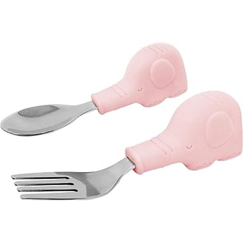 Tiny Twinkle Easy Grip Toddler Utensils Spoon and Fork Set - BPA & Phthalate Free Utensil Sets, Kids Silverware With Silicone Handle, Baby Led Weaning Supplies for 12 Months & Up (Pink Elephant)
