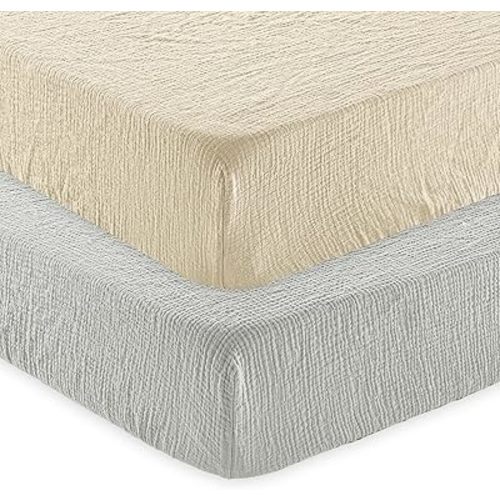 david's kids Muslin Crib Sheets for Boys Girls, 2 Pack 100% Cotton Soft Breathable Fitted Baby Sheet Set, 28x52 Inch Fits Standard Crib and Toddler Mattresses, Oat Milk & Light Gray
