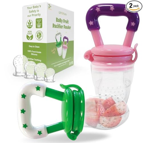 Baby Fruit Feeder, Teething Pacifier for Fruits, Veggies, or Frozen Milk, Food-Grade Silicone Teethers for Babies 6-12 Months, Baby Essentials for Teething Relief - Apple Green and Lychee Pink
