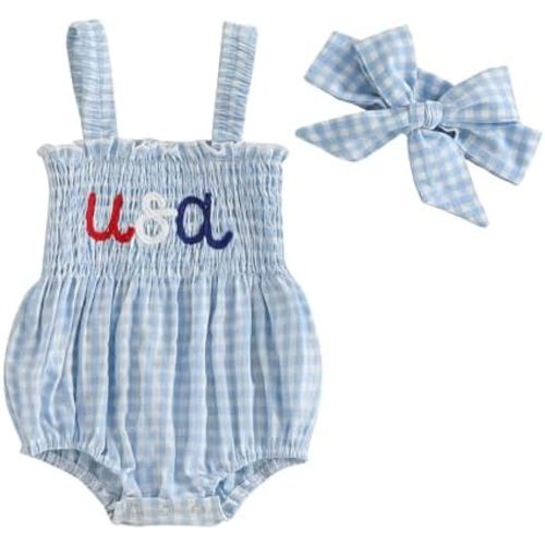 4th Of July Baby Girl Outfits Infant Usa Smocked Bubble Romper Newborn Sleeveless Slip Top Toddler Summer Clothes