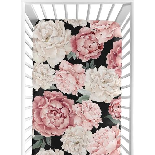 Sweet Jojo Designs Fitted Baby Crib Sheets (Shabby Chic Boho Floral) for Girls, Infant Nursery, Toddler Room - Standard Size (Black and Pink, Vintage, Flower, Watercolor, Garden, Bohemian, Farmhouse)